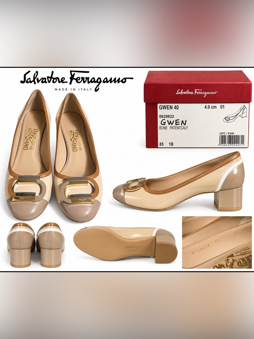 Salvatore Ferragamo Gwen Bone Patent Calf Two-Tone Ballet Flats